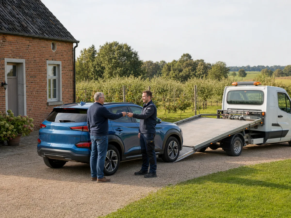 Auto wordt in Limburg op een oprijwagen geladen voor gratis ophaling, met een Limburgs landschap op de achtergrond